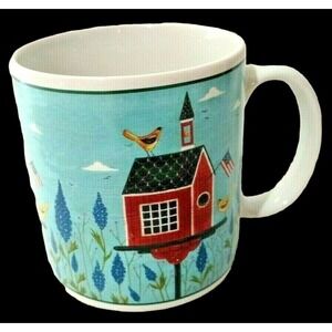Vtg Y2K Warren Kimble Birdhouse Mug Americana Folk Art Patriotic Schoolhouse Cup